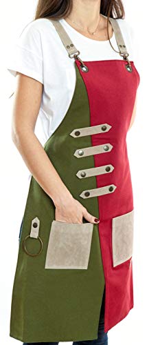 Apron for Women and Men Waterproof Canvas Extra Pocket for Chef Barista Gardening BBQ Grilling Crossback Unisex (Green Red)