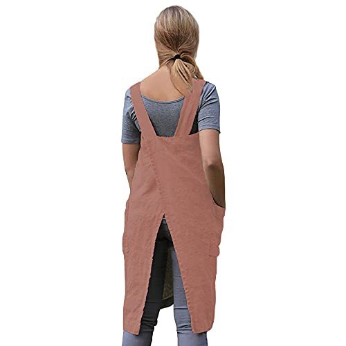 Women's Pinafore Square Apron Baking Cooking Gardening Works Cross Back Cotton (Large / Y-salmon Pink)