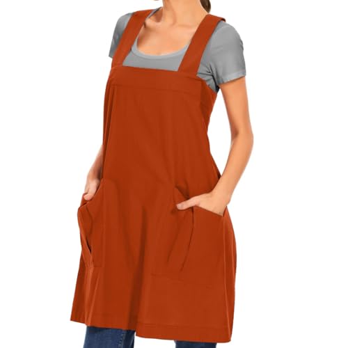 Women's Cotton Cross Back Apron Pinafore Dress with Big Pockets Loose Square Apron for Baking Cooking Gardening (Orange / Large)