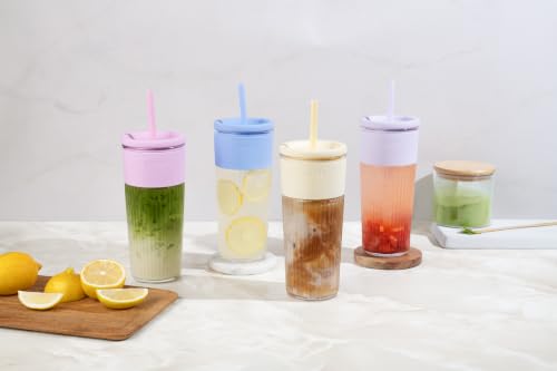 Ava 24oz Glass Tumbler with Straw and Lid for Iced Coffee (Butter Yellow / 24 Ounces)