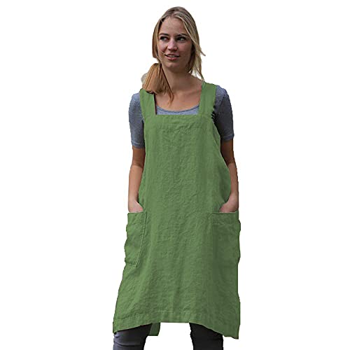 Women's Cross Back Pinafore Apron with Large Pockets Home Kitchen (Small / Green)