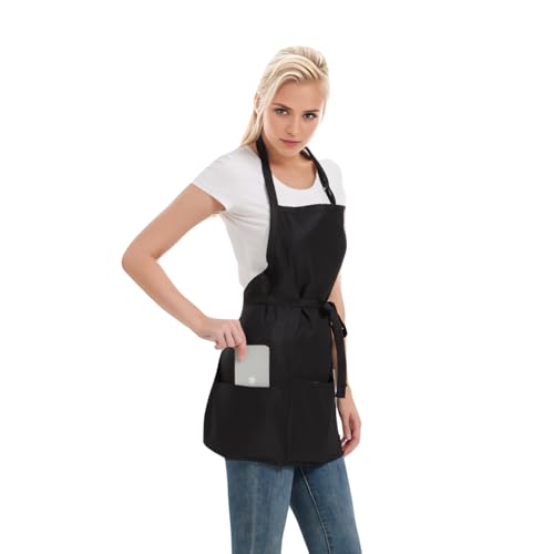 Adjustable Waterproof Aprons with 3 Pockets for Men Women (Black)