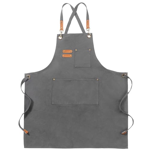 Chef Canvas Aprons with 3 Large Pockets Adjustable Strap for Men Women Gray (Gray)