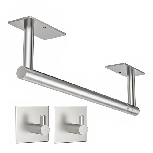 Paper Towel Holder Under Cabinet with 2Hooks Self Adhesive Silver (Brushed Nickel / Holder+2 Hooks)