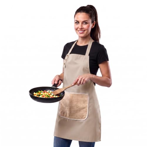 Kitchen Apron for Women Men with Pocket & Hand Towel (Khaki)
