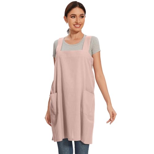 Women Cotton Linen Apron with 2 Pockets Kitchen Baking Cooking Chef Cross Back Pinafore Dress for Work Restaurant Gardening (Small / Pink)