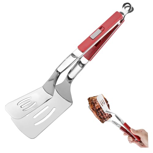 Anti Scald Extended Handle Spatula Tongs 11.6 Inch Multifunctional Stainless Steel Cooking Tongs Food Shovel Clamp for Flipping Steak Fish Bread Hamburger BBQ Frying Pancake Pies Pizza (Red)