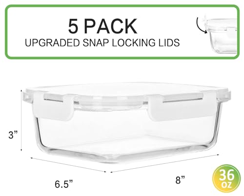 5 Pack 36 oz Glass Food Storage Containers with Lids (White)