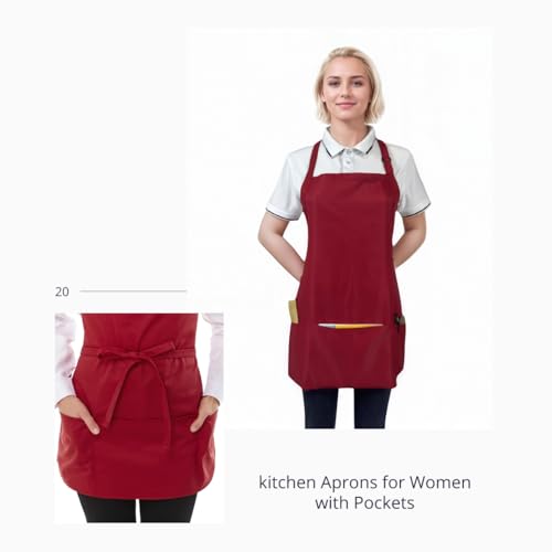 Adjustable Waterproof Aprons with 3 Pockets for Men Women (Red)
