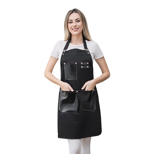 Barista Tools Apron for Women Hairstylists Servers Waterproof Canvas Kitchen Apron with 3 Pockets for Cooking Gardening (Black)