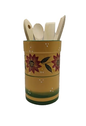 Country Sunflower Hand Painted Ceramic Utensil Jar With Wooden Tool (Country Sunflower)