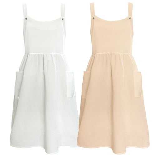 Vintage Apron for Women with Pockets Adjustable Straps for Kitchen (Beige+white)