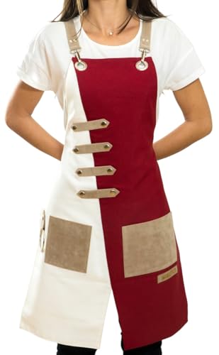 Apron for Women and Men Waterproof Canvas Extra Pocket for Chef Barista Gardening BBQ Grilling Crossback Unisex (Red White)