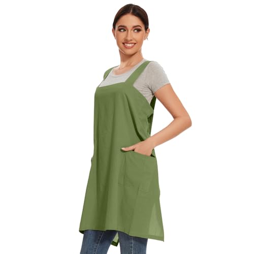 Women Cotton Linen Apron with 2 Pockets Kitchen Baking Cooking Chef Cross Back Pinafore Dress for Work Restaurant Gardening (3X-Large / Leaf Green)