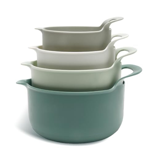 Nesting Plastic Mixing Bowl Set with Pour Spouts and Handles (Sage / 4 Piece Non-Slip)