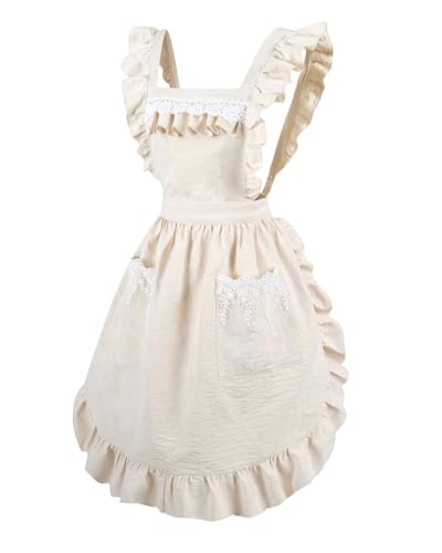 Womens Vintage Pioneer Maid Apron Lace Ruffle Apron with Pockets L (Large / Beige)