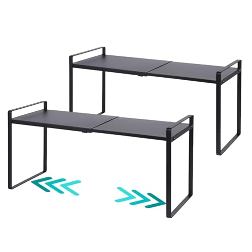 2 Pack Expandable Cabinet Shelf Organizer Riser for Kitchen Pantry Cupboard Under Sink Countertop (8.2''D * 12.2-21.6''W * 10.4''H(2 Pack) / Black)