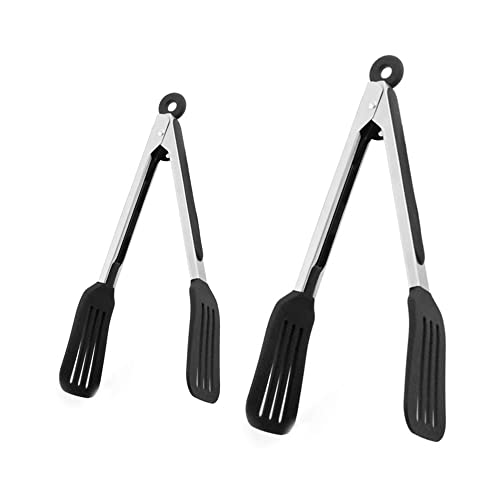 2 Pack Stainless Steel Silicone Cooking & Serving Tongs (7 & 9 inch / Black)