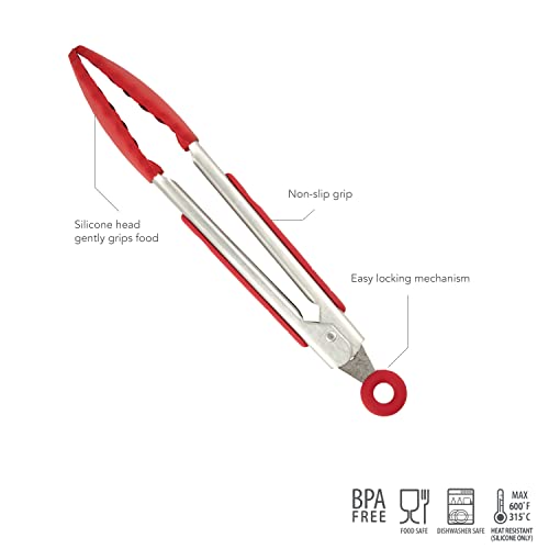 Small Tongs with Silicone Tips 8.25 Inch Mini Kitchen Tongs for Serving Appetizers Salads Ice Stainless Steel Metal Tongs for Cooking (Cayenne)