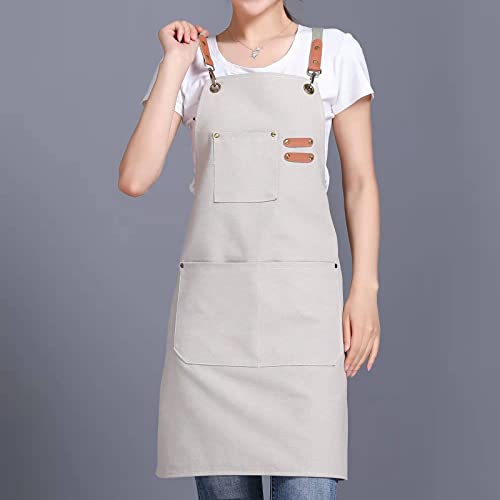 Canvas Cross Back Chef Cotton Aprons for Men Women with Large Pockets (Beige)