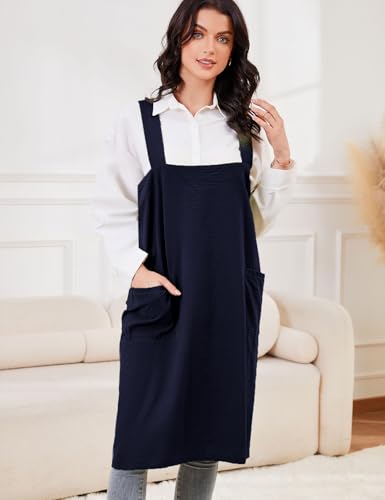 Women's Cotton Cross Back Pinafore with Big Pockets Practical Aprons for Gardening Works (X-Large / Navy)