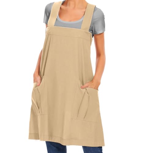 Women's Cotton Cross Back Apron Pinafore Dress with Big Pockets Loose Square Apron for Baking Cooking Gardening (Apricot / Medium)