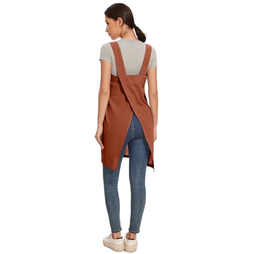 Women Cotton Linen Apron with 2 Pockets Kitchen Baking Cooking Chef Cross Back Pinafore Dress for Work Restaurant Gardening (X-Large / Orange Red)