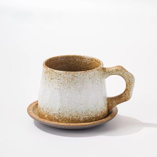 10oz Vintage Retro Handmade Ceramic Cappuccino Cup with Saucer (biege)