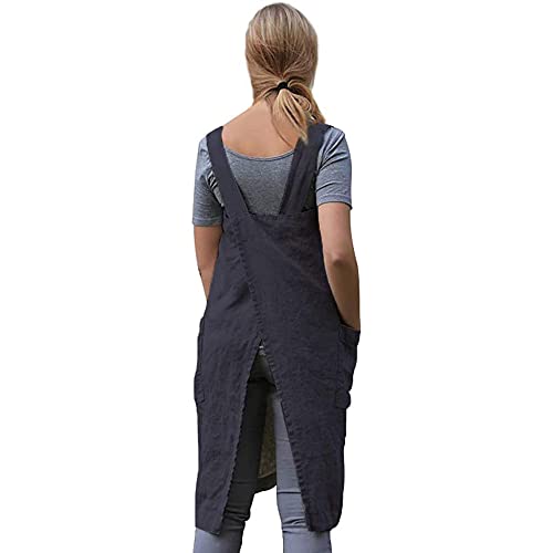 Women's Cross Back Pinafore Apron with Large Pockets Home Kitchen (Small / Dark Gray)