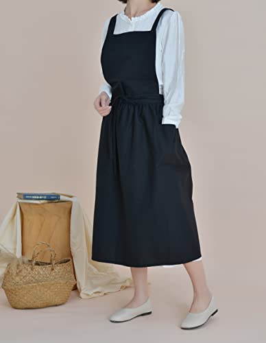 Women Cotton Linen Cross Back Apron with Pockets for Gardening Works Pinafore Dress Black (Black)