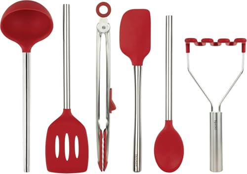 Silicone Cooking Utensil Set of 6 Stainless Steel Handle Ladle Slotted Turner Tongs Flex Core Spatula Scraper Mixing Spoon & Potato Masher (Cayenne)