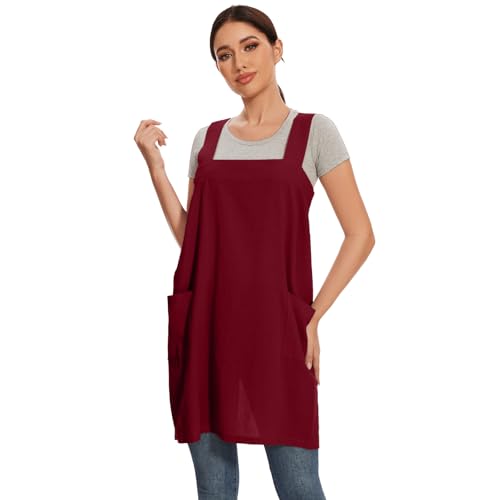 Women Apron with 2 Pockets Cotton Linen Kitchen Baking Cooking Chef Cross Back Pinafore Dress for Work Restaurant Gardening (Small / Wine Red)