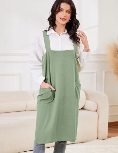 Women's Cotton Cross Back Pinafore with Big Pockets Practical Aprons for Gardening Works (Small / Light Green)