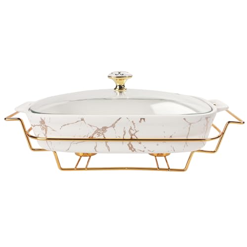 12" x 8" Ceramic Casserole Dish with Glass Lid and rack (White / 14.4 Inch(1.6 qt))
