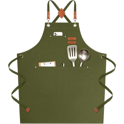 Chef Aprons for Men Women with 4 Pockets (Olive Green)