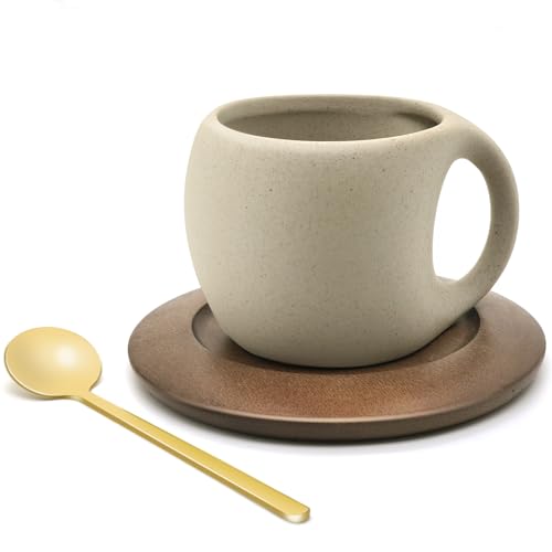 Ceramic Coffee Mug with Natural Wood Saucer & Spoon
