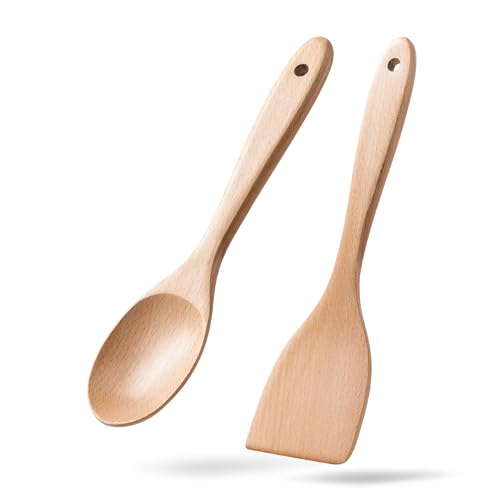 Wooden Spatulas for Cooking (Beech Yellowish / Thick 13" Spoon + Spatula)