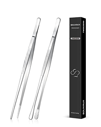 2 Pcs 10 inch Cooking Tweezers Tongs Precision Serrated Tips (10inch / Silver)