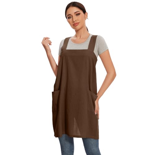 Women Apron with 2 Pockets Cotton Linen Kitchen Baking Cooking Chef Cross Back Pinafore Dress for Work Restaurant Gardening (3X-Large / Brown)