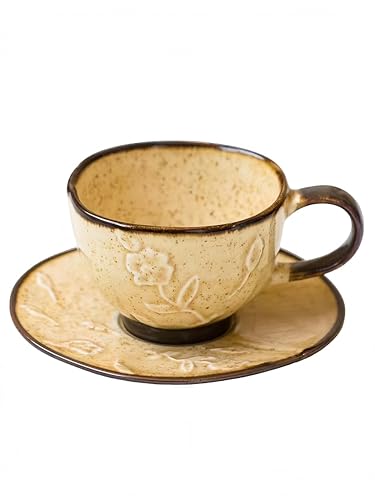 Ceramic Coffee Cup and Saucer Set 5.4oz (Beige-5.4oz)