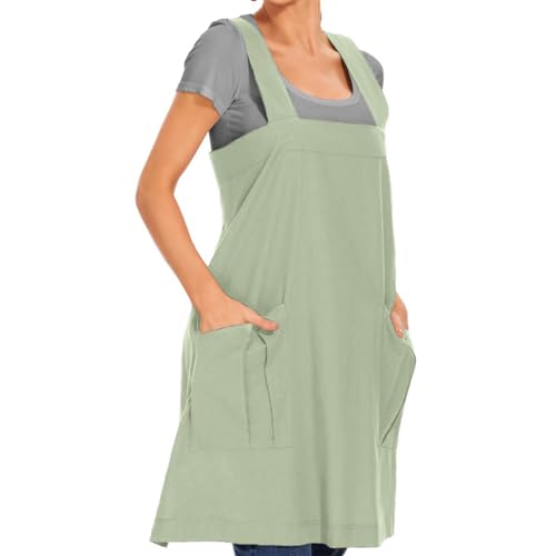 Women's Cotton Cross Back Apron Pinafore Dress with Big Pockets Loose Square Apron for Baking Cooking Gardening (Mint Green / X-Large)