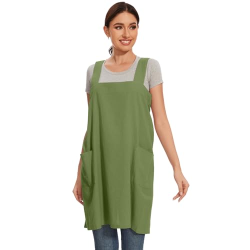 Women Cotton Linen Apron with 2 Pockets Kitchen Baking Cooking Chef Cross Back Pinafore Dress for Work Restaurant Gardening (Large / Leaf Green)