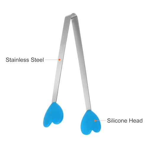 Mini Food Tongs 5.3" Heart Shape Stainless Steel with Silicon Tips Small Cooking Tongs Kitchen Food Tongs Serving Tongs for Cooking Grilling BBQ Barbecue Kitchen (Blue)
