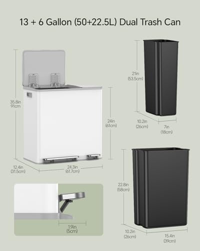 Dual Trash and Recycling Bins for Kitchen (White / 13+6 Gallon)