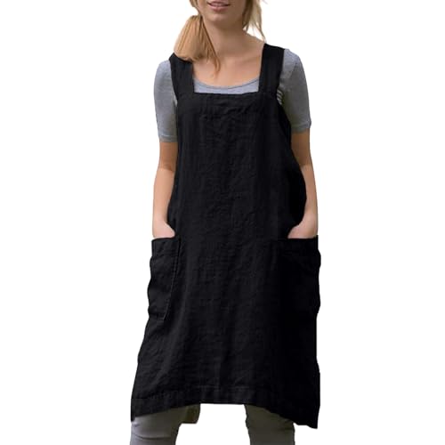 Women Apron with 2 Pockets Cotton Linen Kitchen Baking Cooking Chef Cross Back Pinafore Dress for Work Restaurant Gardening (Large / Black)