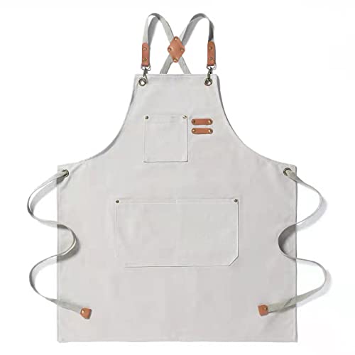 Canvas Cross Back Chef Cotton Aprons for Men Women with Large Pockets (Beige)