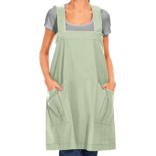 Women's Cotton Cross Back Apron Pinafore Dress with Big Pockets Loose Square Apron for Baking Cooking Gardening (Mint Green / Small)
