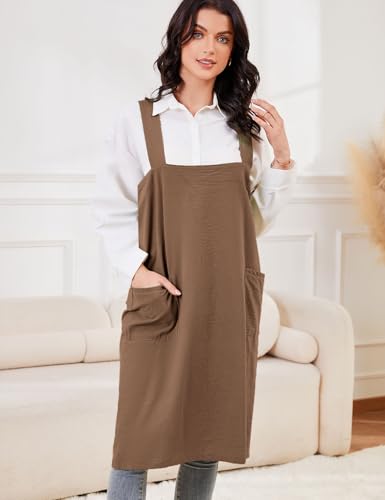 Women's Cotton Cross Back Pinafore with Big Pockets Practical Aprons for Gardening Works (XX-Large / Brown)