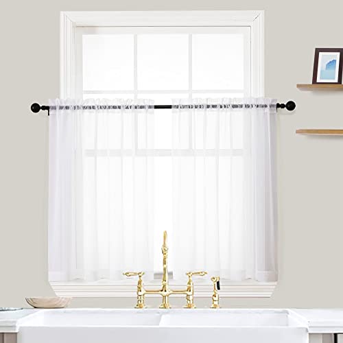 White Sheer Curtains 36 Inch Length Kitchen Tiers Short Voile Drapes Solid Sheers Cafe Curtain for Bathroom Small Half Window 2 Panels Set (White / 42"W x 36"L (Pack of 2))