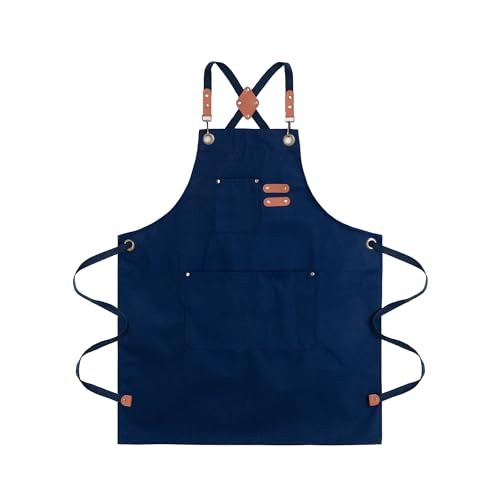 Chef Aprons for Men Canvas Apron with Large Pockets and Adjustable Neck Strap for Cooking (Blue)